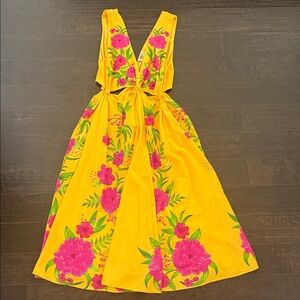 FARM Rio Yellow and Pink Floral Midi Dress